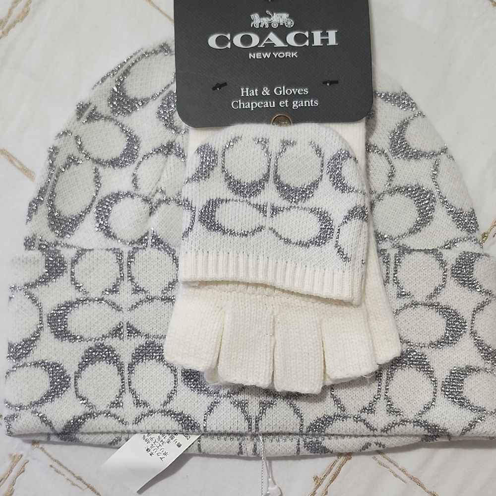 Coach White and Gray Hat & Gloves Set
